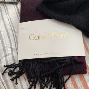 Calvin Klein Black and Burgundy Scarf and Glove Set